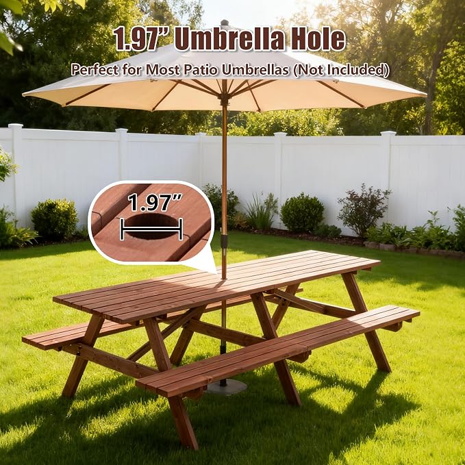 Hohuqeri Wood Picnic Table, 94.5" Tabletop with Umbrella Hole, 12 Person Outdoor Wooden Picnic Table Bench Set for Patio, BBQ, Dining, Brown
