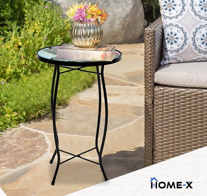 Home-X Hummingbird Glass Side Table with Iron Stand, Hand-Painted Accent Table and Patio Decor, Metal and Glass Table for Garden or Front Porch, 17 ¾ " L x 11 ¾ " D