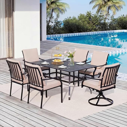 LVUYOYO 7-Piece Outdoor Patio Dining Set, Metal Dining Chair & Rectangular Table Set, All-Weather Furniture for Backyard, Garden,Balcony,Porch (1 Rectangular+ 4 Dining Chairs+2 Swivel Chairs)