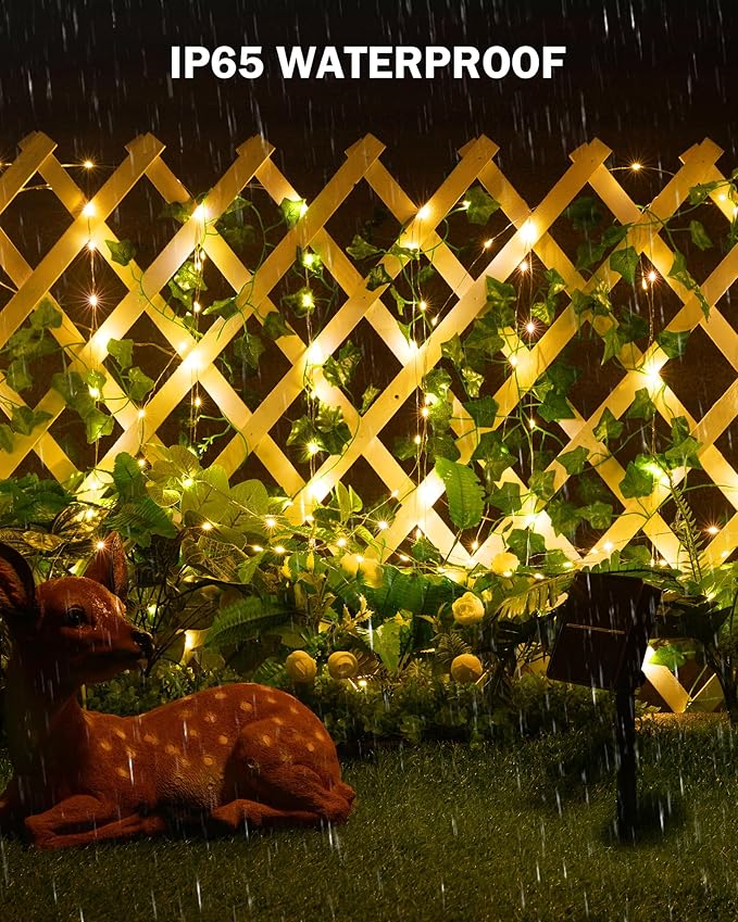Solar String Lights, 2 Packs Total 66Ft 200 LED Fairy Lights with Ivy | Twinkle Solar Powered Outdoor Lights Plant Vine for Camping Outside Garden Yard Fence Wall Wedding Christmas Warm White