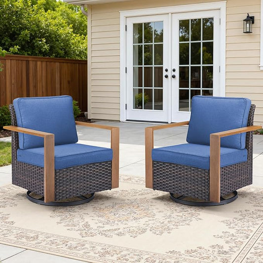 2PCS Outdoor Swivel Patio Chairs Set, All-Weather Wicker Swivel Rocker Chairs with High Back and Deep Seat, Patio Seating for Porch, Deck, Backyard and Poolside Blue