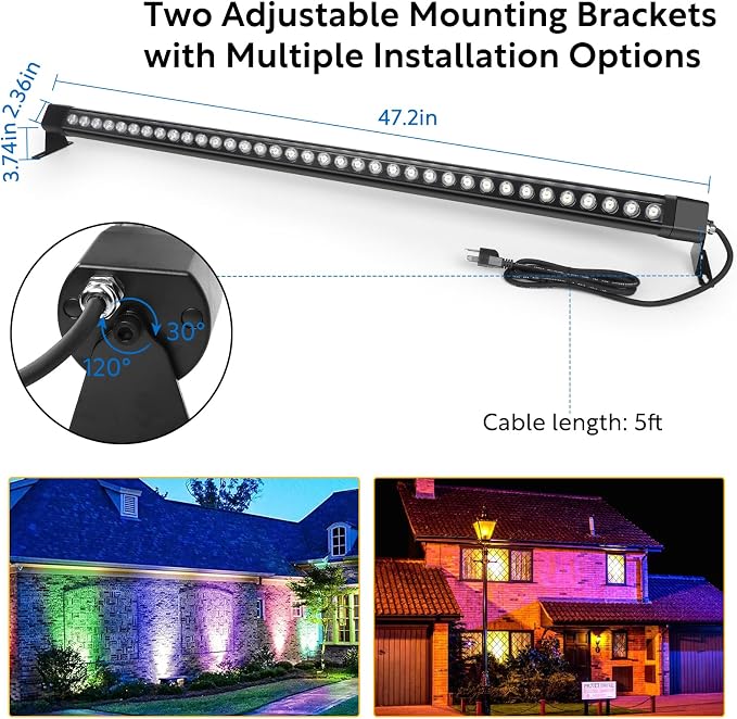 HNRLOY RGB Wall Washer Light with Bar 2Pack, 72W LED RGB Color Changing Landscape Wall Wash Lights, 4FT 120V Dimmable Stage Wash Light Bar for Hotel,Building,Commercial Garden Lighting