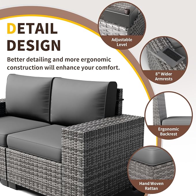 6 Pieces Patio Furniture Set, Wide Arm Outdoor Patio Sectional Couch Set, All Weather Wicker Rattan Conversation Set w/Cushions and Glass Table and Waterproof Cover, Grey & Grey