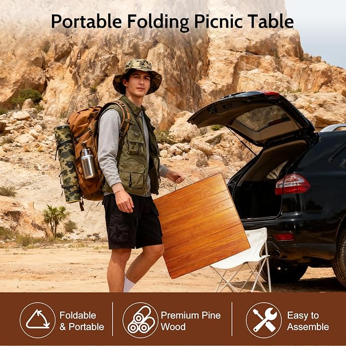 Folding Picnic Table with Table Runner, 60 * 30in Wooden Picnic Table for Outdoors, Boho Low Coffee Table for Sitting on The Floor, Suitable for Beach, Park, Garden, Camping, Travel(Brown)