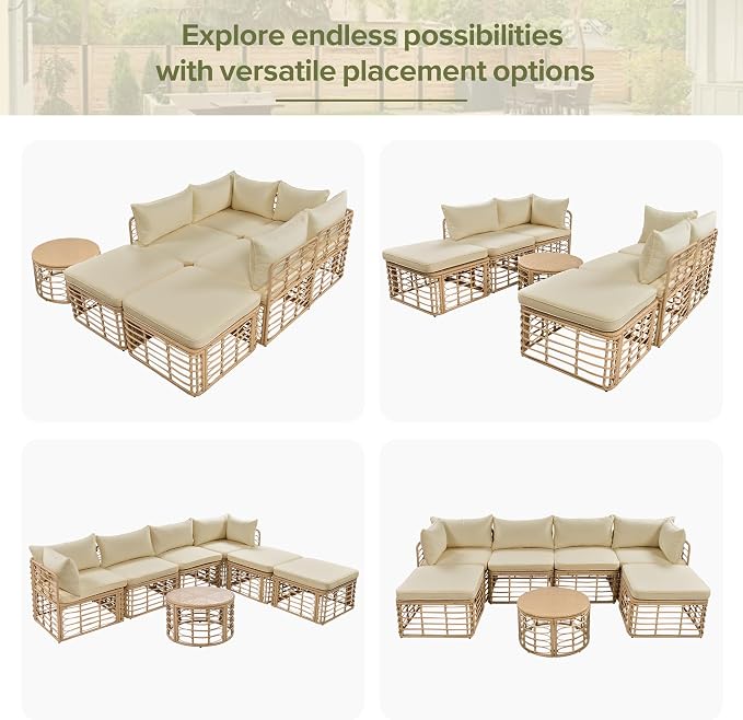 7 Pieces Outdoor Patio Furniture, All-Weather Rattan Sectional Sofa Set with Thick Cushions and Pillows, Freely Combined Conversation Sets for Garden, Backyard, Balcony (Brown#33)
