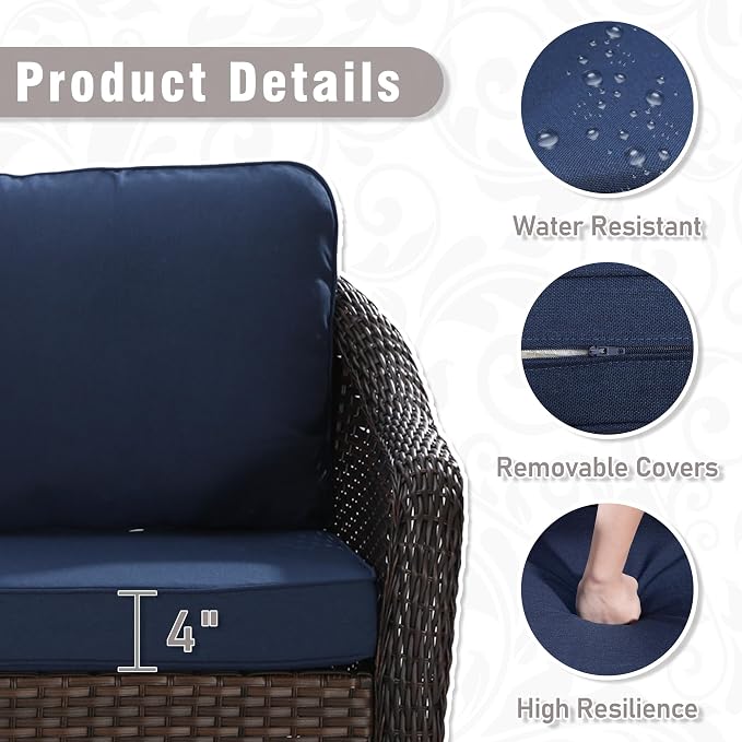3 Piece Patio Wicker Bistro Set, 2 All-Weather Use Outdoor Wicker Chairs with PE Rattan Side Table,Ideal for Porch, Backyard, Balcony, Poolside, Blue