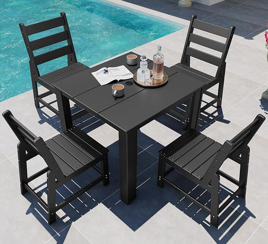 GREENVINES 5-Piece-Outdoor-Dining-Set | HDPE | Square | Patio Furniture | Table and Chairs Sets for 4 | All Weather | Armless Chair | Umbrella Hole | for Backyard Poolside Garden | Black