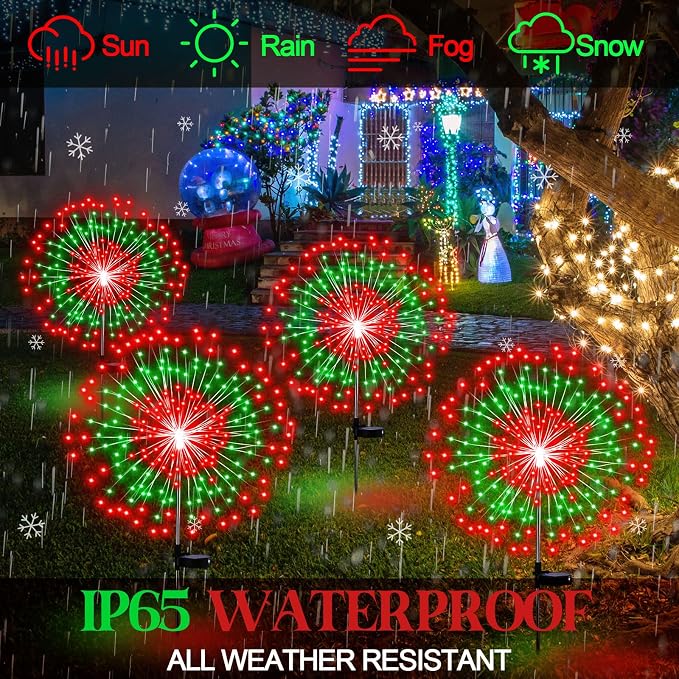 Tujoe 4 Pack Christmas Outdoor Garden Decoration Solar Firework Light Decor | Solar Firework Lights, 180 LED, 8 Lighting Modes, 32" to 51" Height, Outdoor Garden Yard Pathway Paty Decoration, Red, Green