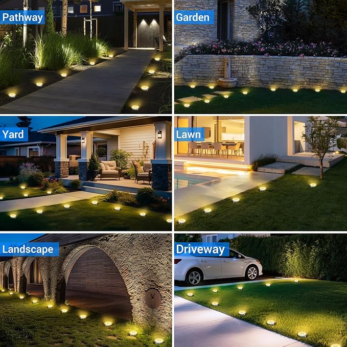 Mini Solar Ground Lights Outdoor, 4 Pack Flat Solar Powered Disc Lights, IP68 Waterproof, Anti-Rust, Landscape Lighting for Pathway Garden Yard Lawn Walkway Landscape Driveway, Warm White