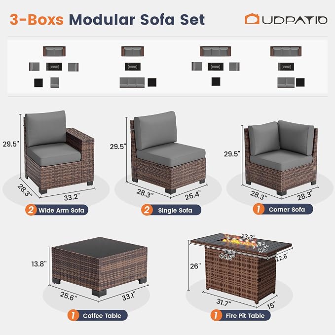 UDPATIO Patio Furniture Set with Fire Pit Table, 8 Inch Armrest 7 Piece Outdoor Sectional Sofas, All-Weather Wicker Conversation for Garden, Backyard, Brown/Dark Grey