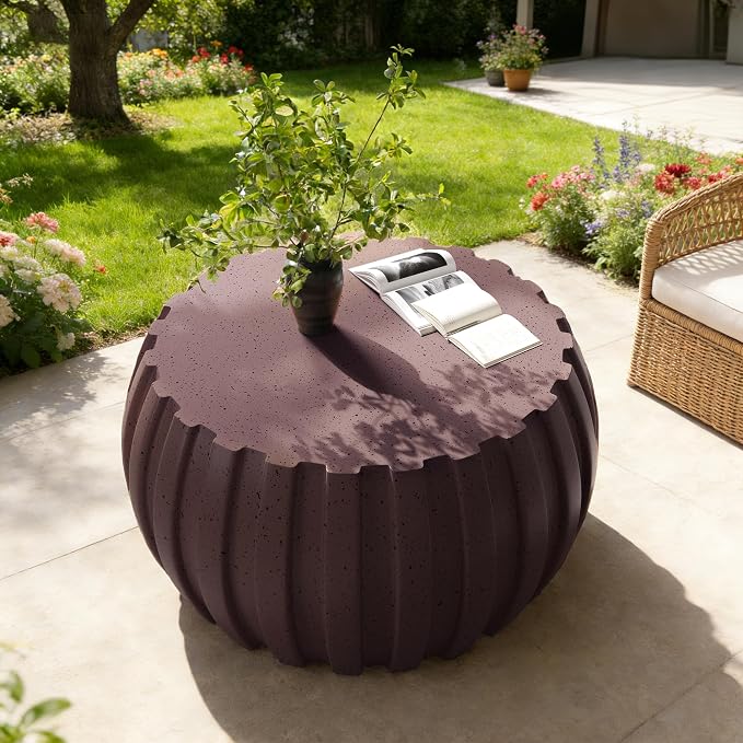 35.43" Concrete Outdoor Table,Modern Round Stone Coffee Table,Waterproof Outdoor Coffee Table for Patio for Terraces, Gardens, Backyards and Living Rooms (Brown, 35.43")
