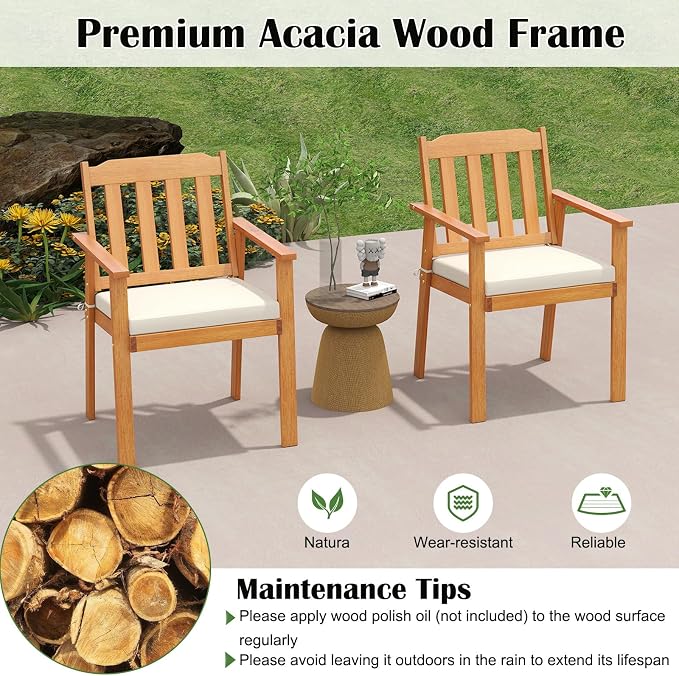 Tangkula 7 Pieces Patio Dining Table Set, 63” Rectangle Acacia Wood Table with Umbrella Hole and 6 Cushioned Armchairs, Outdoor Dinette Furniture for Garden Backyard Kitchen