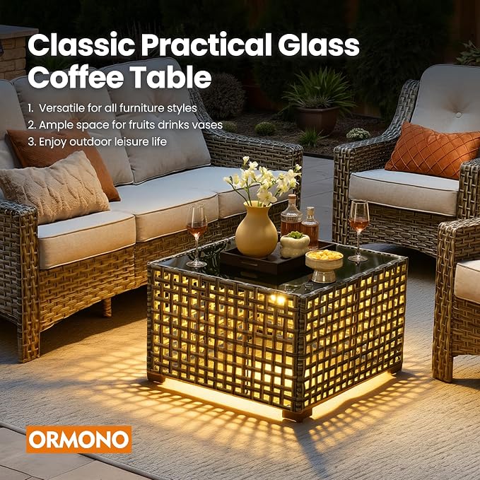 4 Piece Outdoor Patio Furniture Set, All Weather Waterproof Wicker High Back Conversation Set, Two Single Chairs, Solar Light Coffee Table, Outside Furniture for Porch Balcony, Light Grey
