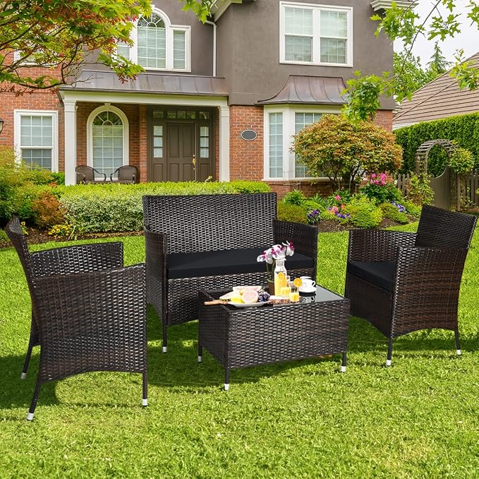 4 Pieces Patio Sofa Set, Wicker Conversation Set with Ergonomic Curved Backrest, Patio Rattan Furniture Set with Water-Resistant Cushion & Tempered Glass Table for Balcony, Porch (Black)