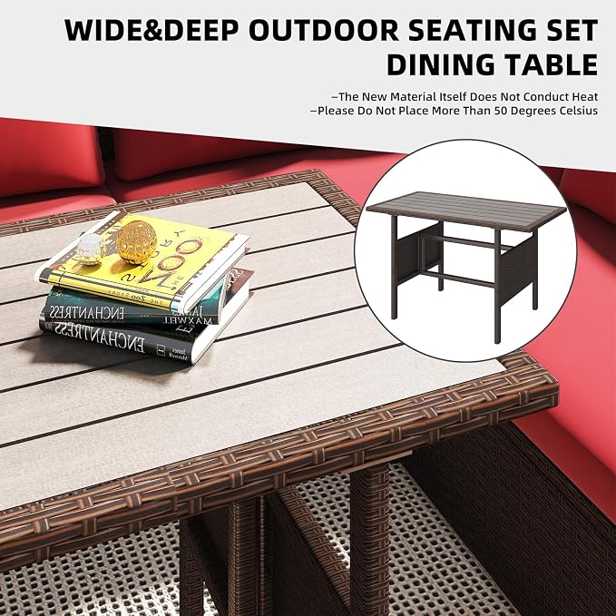 AECOJOY Outdoor Patio Furniture Set, 7 Pieces Clearance Sectional Rattan Dining Table&Chairs, All Weather Wicker Conversation Sofa Couch with Ottoman, Red Cushions&Brown Rattan