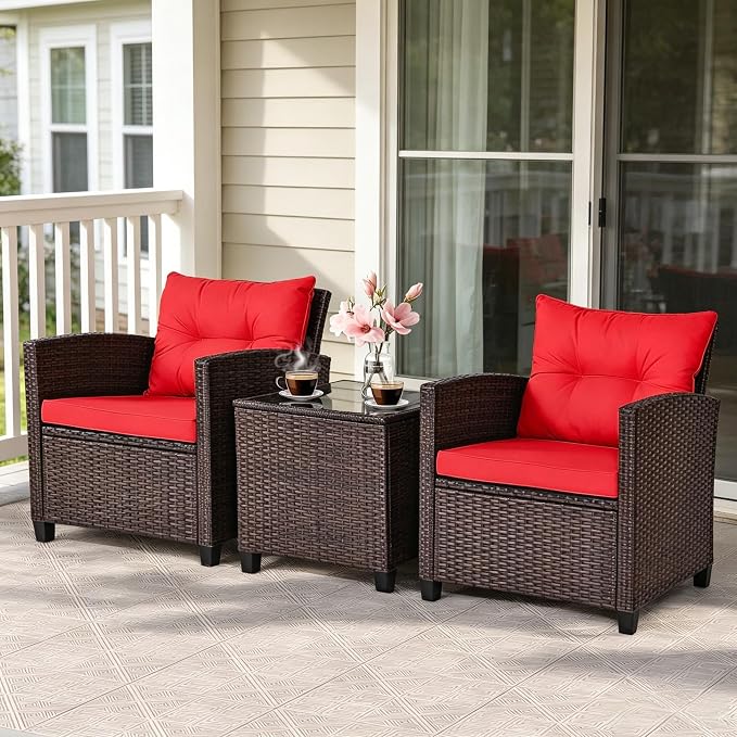 ORALNER 3 Pieces Patio Furniture Set, Outdoor Wicker Conversation Set Rattan Chairs with Cushions, Glass Coffee Table, Bistro Set for Front Porch Balcony Garden Deck Poolside (Red)