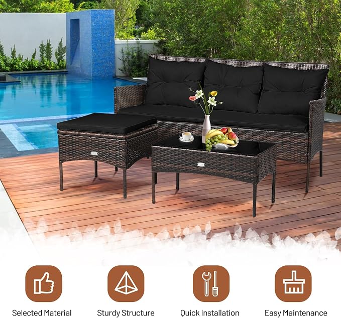 RELAX4LIFE 3 Pieces Patio Furniture Set, Rattan Wicker Sectional Conversation Sofa Set w/5 Seat & Back Cushions, Tempered Glass Coffee Table for Porch Balcony Backyard, Outdoor Furniture (Black)