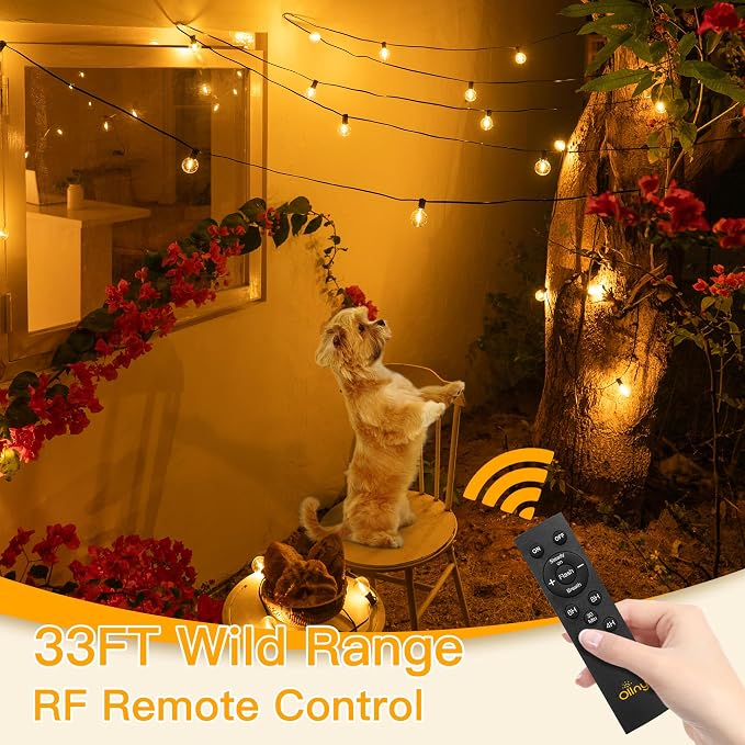 Ollny 110FT Solar String Lights for Outside, Waterproof Remote Control Dimmable Timers 3Modes Outdoor Light with 50 LED + 2 Spare Shatterproof Bulb, G40 Hanging Lights for Patio Pool House Garage