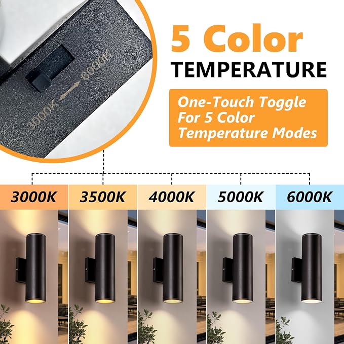 DAKAFUL 5CCT Dimmable Wall Lights Outdoor 2 Packs, 3000K 5000K 6000K Integrated LED Cylinder Up Down Modern Aluminum Light, Waterproof Exterior Light for Porch Patio Door