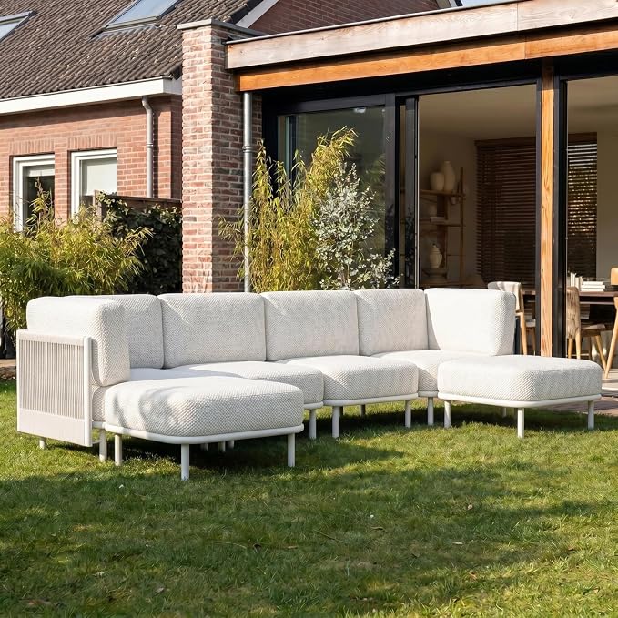 LayinSun 6 Pieces Patio Furniture Set, Modern Outdoor Modular Sectional Conversation Set L-Shaped Sofa with 7-inch Cushion for Garden Backyard Deck
