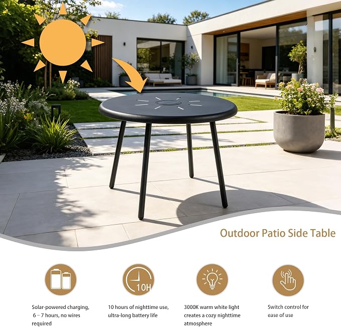 Meluvici Outdoor Side Table, 19.7" Round Solar Coffee Table with LED Lights, Waterproof Metal Patio End Table for Garden, Backyard, Balcony, Deck, Patio Furniture