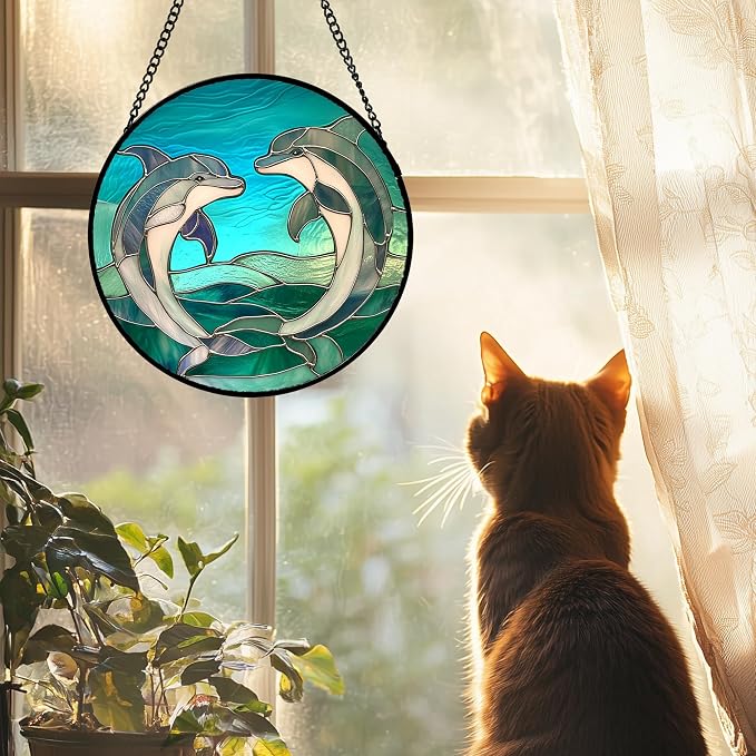 DASTOLL Stained Glass Window Hanging 4 Pcs Set Cyan Ocean Life Theme 6.3" - Sea Starfish Suncatcher Door Garden Sun Catcher Decor Birthday for Mom Woman Nana Men Friend