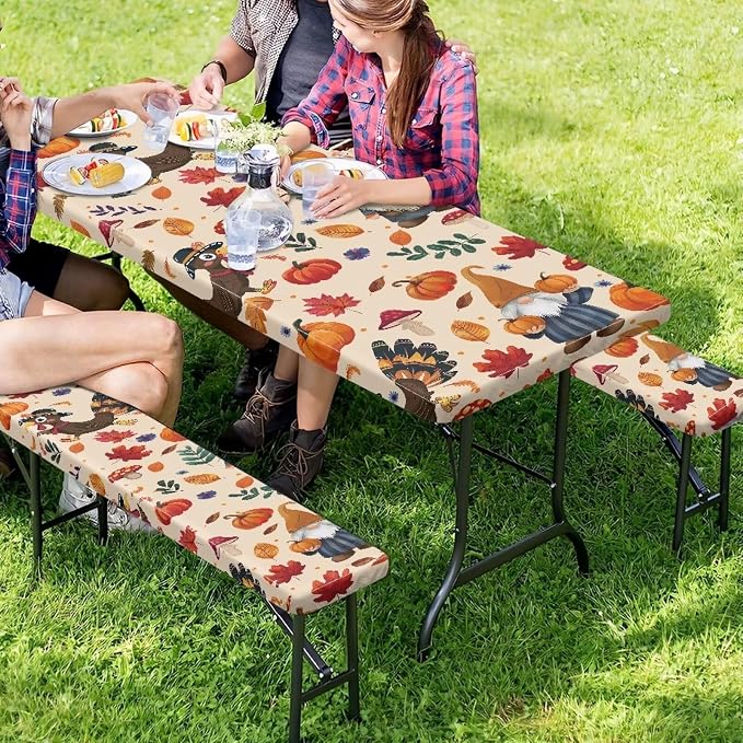 Thanksgiving Picnic Table Cover with Bench Covers, Beach Waterproof Outdoor Table Cover, Picnic Table Covers with Elastic Suitable for Thanksgiving Decoration