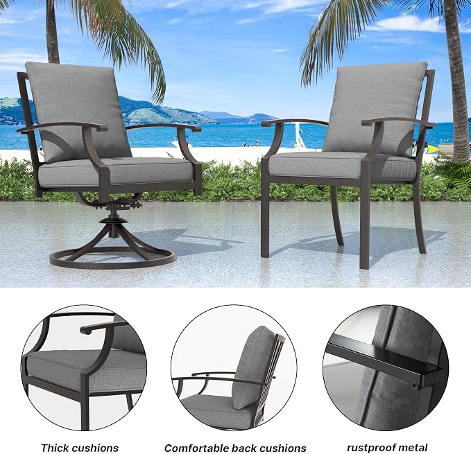 7 Pieces Outdoor Patio Furniture Set with 48" 55000 BTU Round Propane Fire Pit Table,Patio Dining Set Outdoor Conversation Sets 6 Swivel Chairs for Deck,Backyard and Garden,Grey