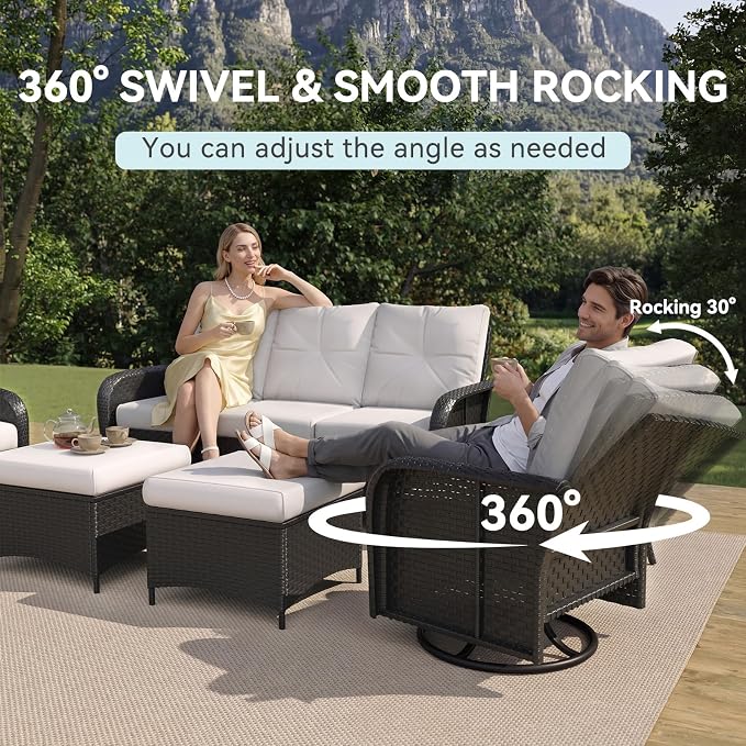 LazySunsets 9 Piece Outdoor Patio Furniture Set with 44'' Fire Pit Table, Outdoor Patio Furniture Set with High Back Swivel Rocker Chairs, Outdoor Conversation Set with Thick Cushions & Ottoman, Beige