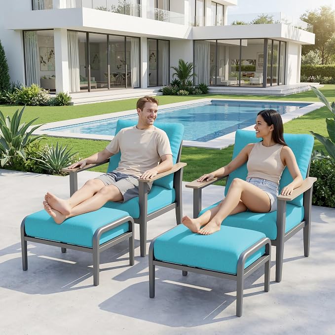 Aluminum Patio Chairs with Ottomans, 4-Piece Outdoor Patio Furniture Set, Modern Lounge Armchairs with Footrests, Wood-Like Armrests & 5.1" Thick Cushions for Porch, Poolside, Blue