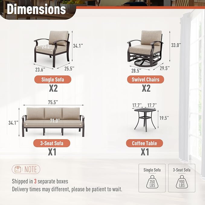 Kurapika Aluminum Patio Furniture Set 7-Seat Modern Metal Outdoor Conversation Sets w/Swivel Rocking Chairs Patio Sectional Sofa w/5.1 Inch Cushion, Sand