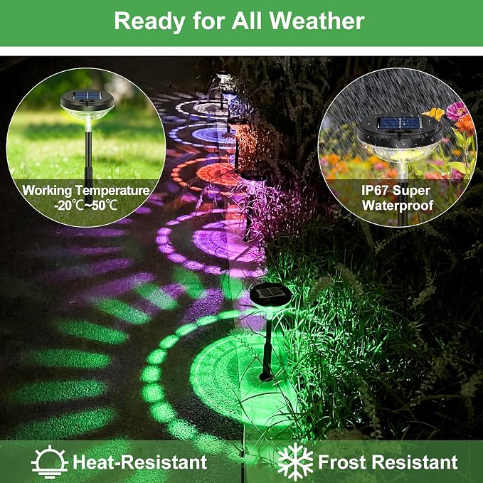 Nupostai Bright Solar Pathway Lights 2 Pack, Color Changing + Warm White LED, IP67 Waterproof Solar Garden Lights for Walkway, Yard, Backyard, Lawn Decorative
