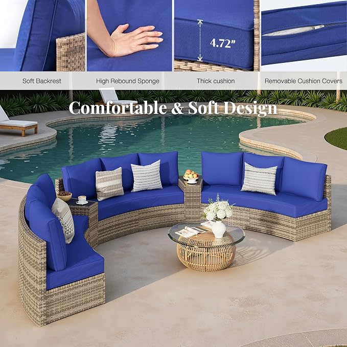 Jocisland 11-Piece All-Weather Wicker Conversation Set with Storage Table, Half-Moon Outdoor Sectional Sofa with Removable Cushions, Rattan Patio Furniture Set for Backyard, Garden & Deck, Blue