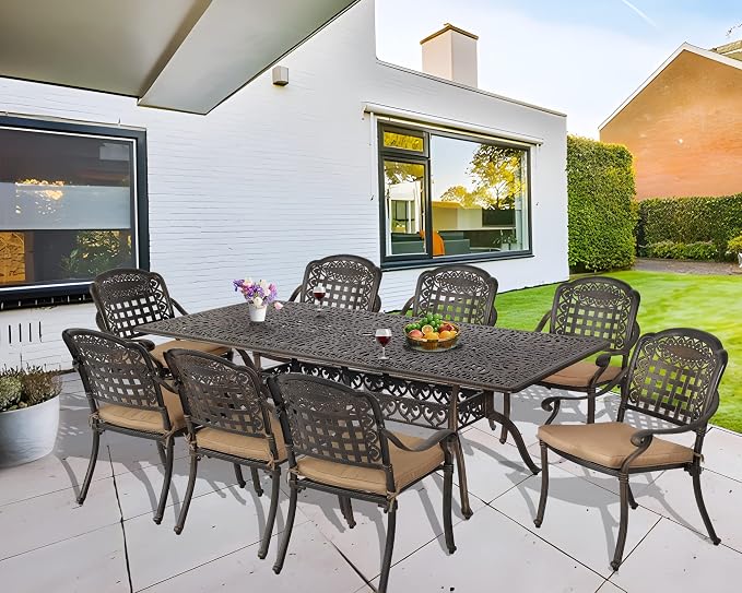 TITIMO 9-Piece Cast Aluminum Patio Furniture Set, Outdoor Patio Dining Set Bistro Conversation Set, Rectangular Dining Table Set w/Cushions Umbrella Hole (Khaki-Fixed Grid Chair, 9 Pcs)