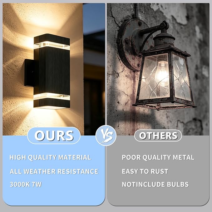JYV 2 Pack Outdoor Wall Lights, Square Up and Down Porch Lights, Black | Waterproof Exterior Lighting Fixtures, 2x7W 3000K Bulbs, Outdoor Lights for House Porch Garage Patio