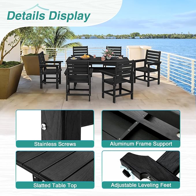 5 Piece Patio Dining Set, 66" Rectangle HDPE Weather Resistant Outdoor Table & 4 Patio Chairs Set with 1.96" Umbrella Hole, Heavy Duty Chairs for Backyard Balcony Deck, Black