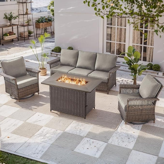 Patio Furniture Set with Fire Pit Table, 4PCS Patio Conversation Set Brown Resin Wicker Swivel Patio Chair and Sofa with 41in Rectangular Fire Table PE Rattan Patio Furniture Set
