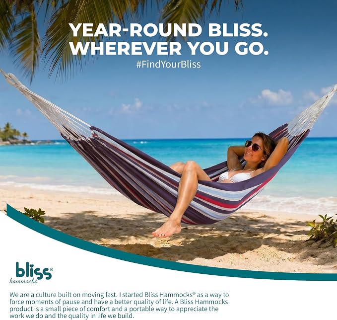Bliss Hammocks 60" W Double Outdoor Hammock with Hand-Woven Rope Loops & Tree Straps, Patio, Durable, Cotton/Polyester, 265 Lbs Capacity, Patriotic Stripe
