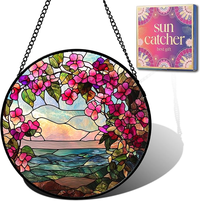 Birthday Gifts for Women - Ocean Flowers Faux Stained Glass Window Hanging Sun Catcher for Door Garden Acrylic Scenery Decor Mother's Day Christmas for Mom Men Nana Grandma Sisters 6.3"