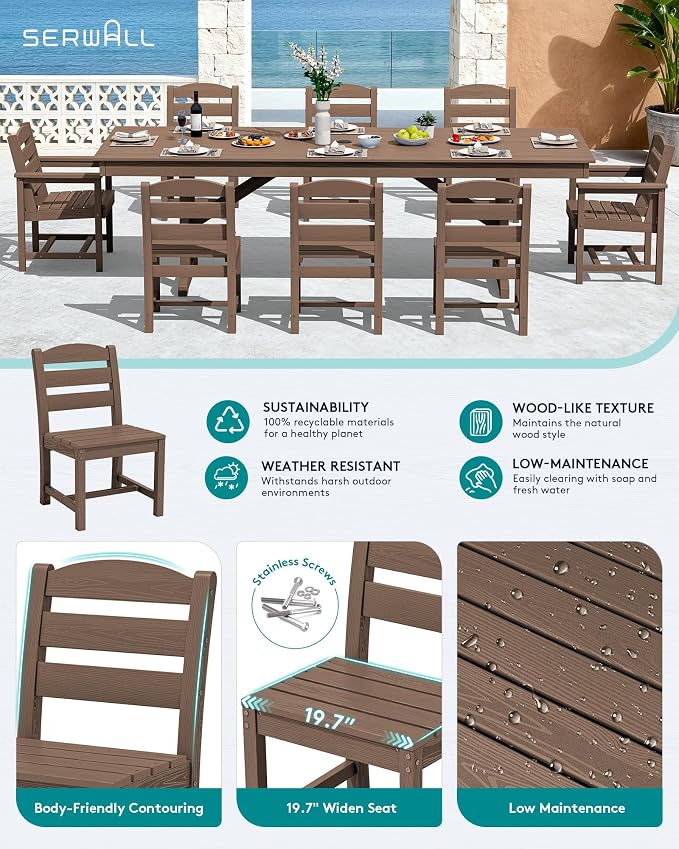 SERWALL 9 Piece Outdoor Dining Set, 84" HDPE Outdoor Table with 6 Armless Chairs and 2 Armchairs ，All Weather Patio Dining Furniture Set with Umbrella Hole for Backyard, Garden, Brown