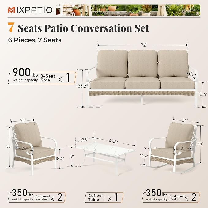 MIXPATIO 6 Piece Patio Furniture Set, 2 x Fixed Chair, 2 x Rocking Chair, 1 x 3-Seat Sofa with Marbling Coffee Table, All Cushioned 7 Seats Outdoor Conversation Set, Beige