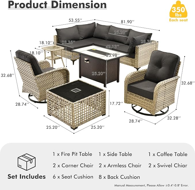 HOOOWOOO Outdoor Patio Furniture Set with Fire Pit Table,9 Pieces Wicker Out Door Sectional Furniture L Shaped Couch,Outside Patio Conversation Sets Swivel Chair,Black