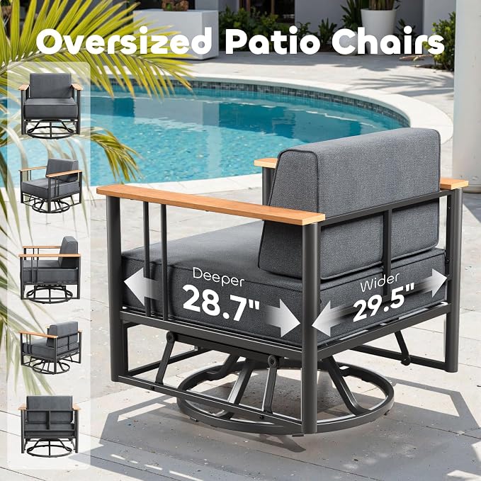 Luxury Outdoor Furniture Set with Swivel Chairs, 10 PCS Patio Furniture Set with 6" Extra Thick Cushions, Suitable for Porch, Balcony, Deck, Patio, Yard, Poolside, Black/Grey
