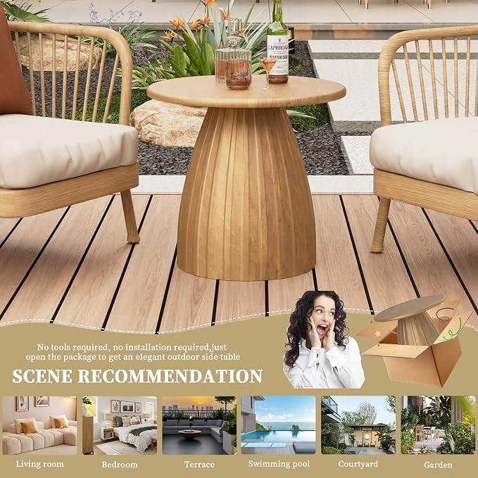 Metal Small Patio Table, Round Outdoor Side Table, Wood Color Outdoor Accent Patio End Table, for Garden, Pool, Yard, Balcony, Living Room, Deck, Weather Resistant, No Assembly