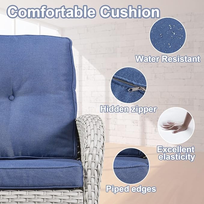 Belord Outdoor Wicker Loveseat with Coffee Table, Patio Loveseat Sofa 2 Piece Outdoor Wicker Furniture Set for Patio Porch Deck Balcony Light Beige/Blue