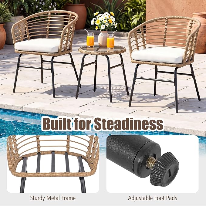 Tangkula 3 Pieces Patio Furniture Set, PE Rattan Bistro Chairs with Tempered Glass Coffee Table and Soft Cushions, Outdoor Wicker Conversation Set for Porch, Balcony, Garden and Poolside (Off White)