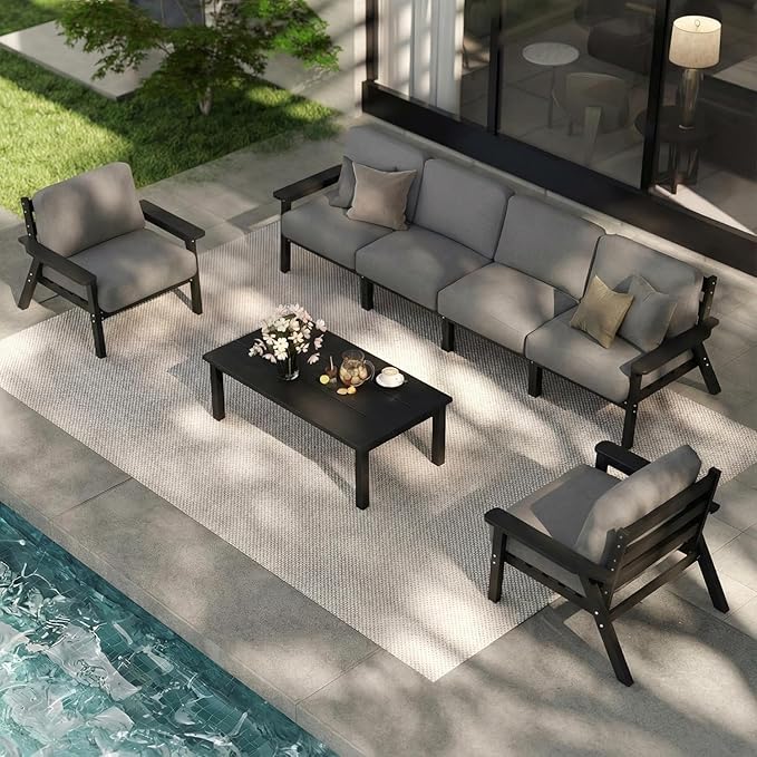 Patio Furniture Set 6 Seats, HDPE Outdoor Sectional with Gray Washable Thick Cushions, Coffee Table, Patio Conversation Sets for Lawn, Garden, Porch, Balcony, Deck (Black Frame)