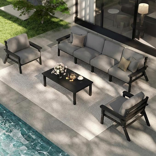 Patio Furniture Set 6 Seats, HDPE Outdoor Sectional with Gray Washable Thick Cushions, Coffee Table, Patio Conversation Sets for Lawn, Garden, Porch, Balcony, Deck (Black Frame)