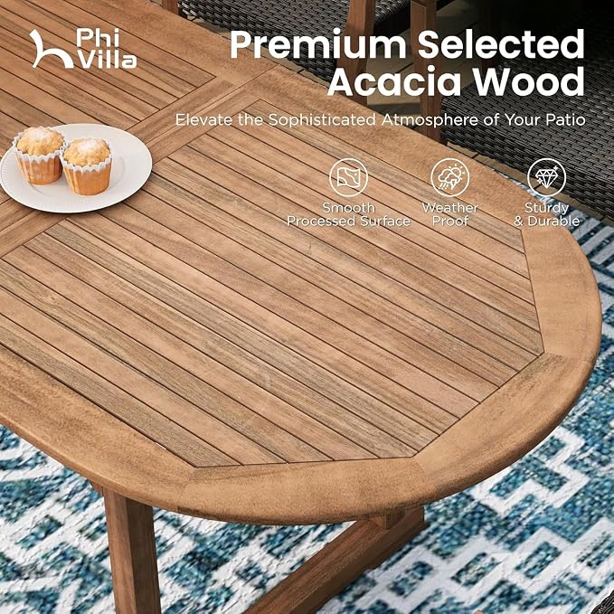 PHI VILLA Outdoor Dining Set for 8, Expandable Acacia Wood Table & Chairs | 9pc teak patio furniture set. Large farmhouse set for deck, porch, backyard