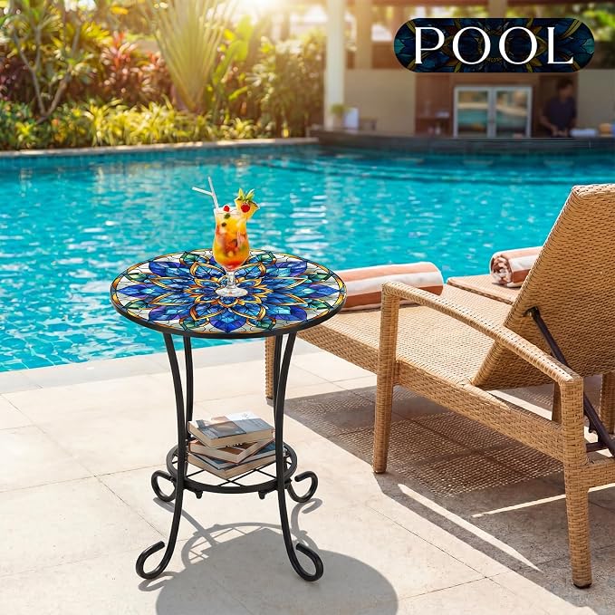 Cinnvoice Outdoor Side Table 2-Tier Round Small Mosaic Patio Accent Indoor End Plant Coffee Tea Table for Yard Patio Porch Garden Living Room, Bedroom (Mandala Style,14 Inch)